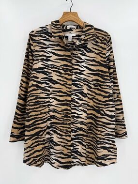 Chico's No Iron Big Cat Print Long Sleeve Tunic Shirt Size 3, or XL 16-18
